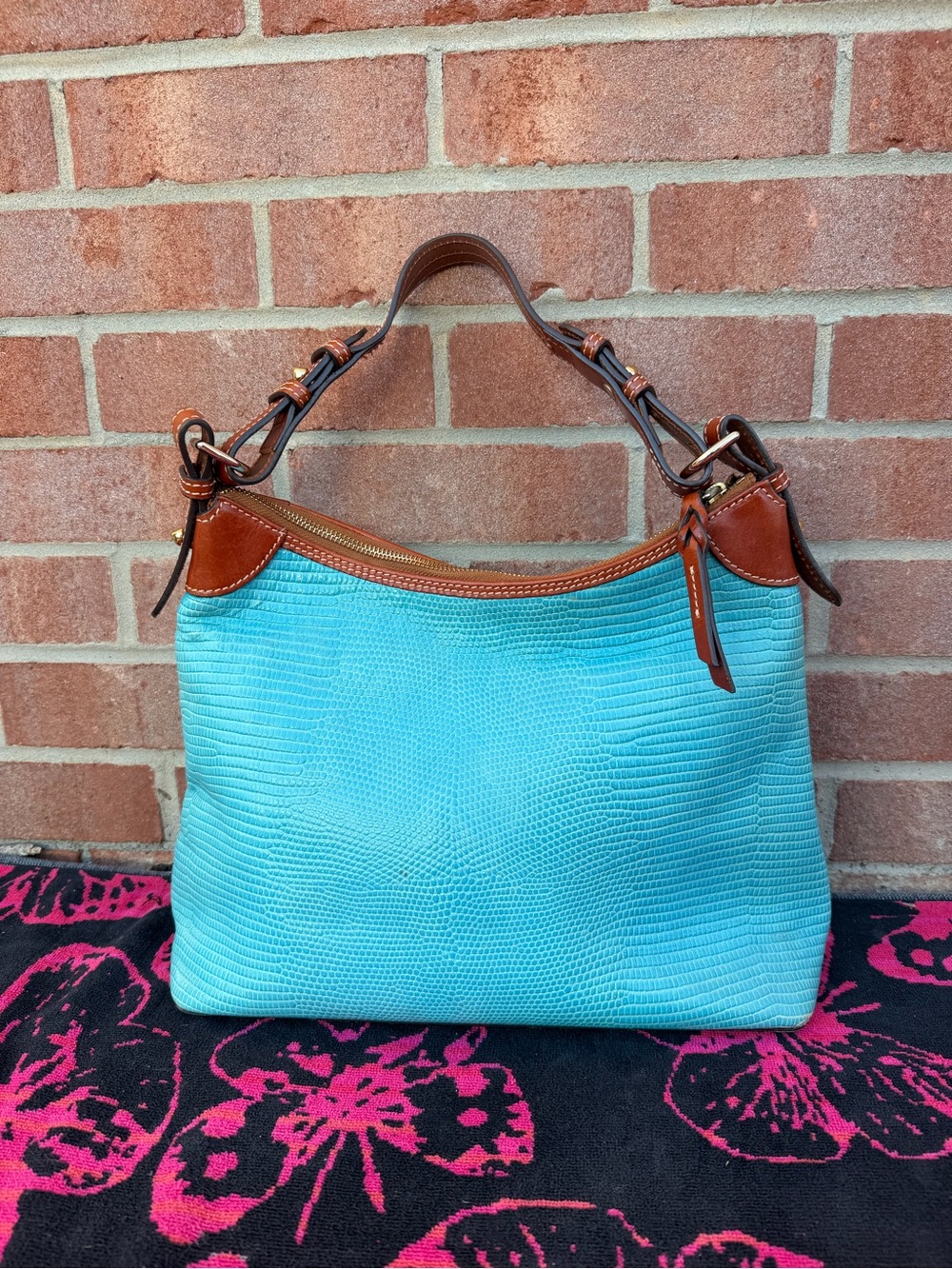Dooney & Bourke Turquoise Textured Hobo Bag with Brown Trim - Picture 3 of 6